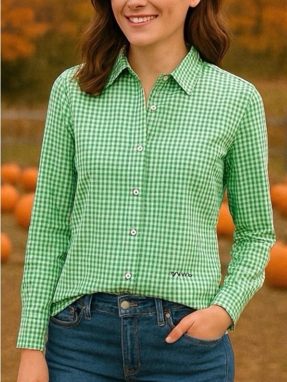 Orvis Wrinkle Free Kelly Green Gingham Check Cotton Shirt 6 Preppy Cottagecore